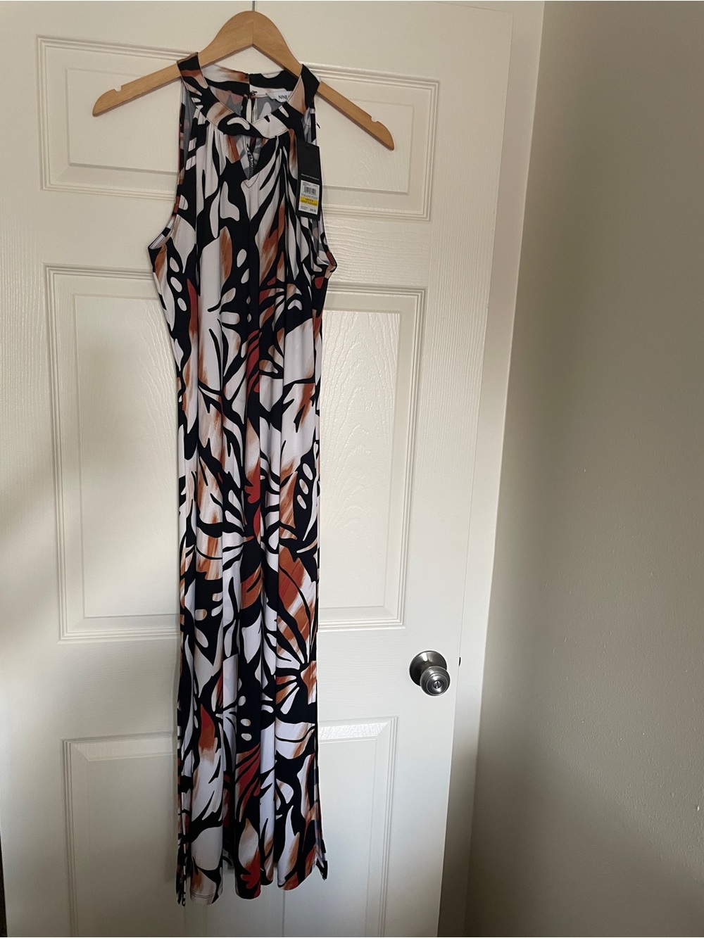 🤎 Nine West Black, White & Brown Printed Maxi Dress w/ Low Leg Slits 🤎